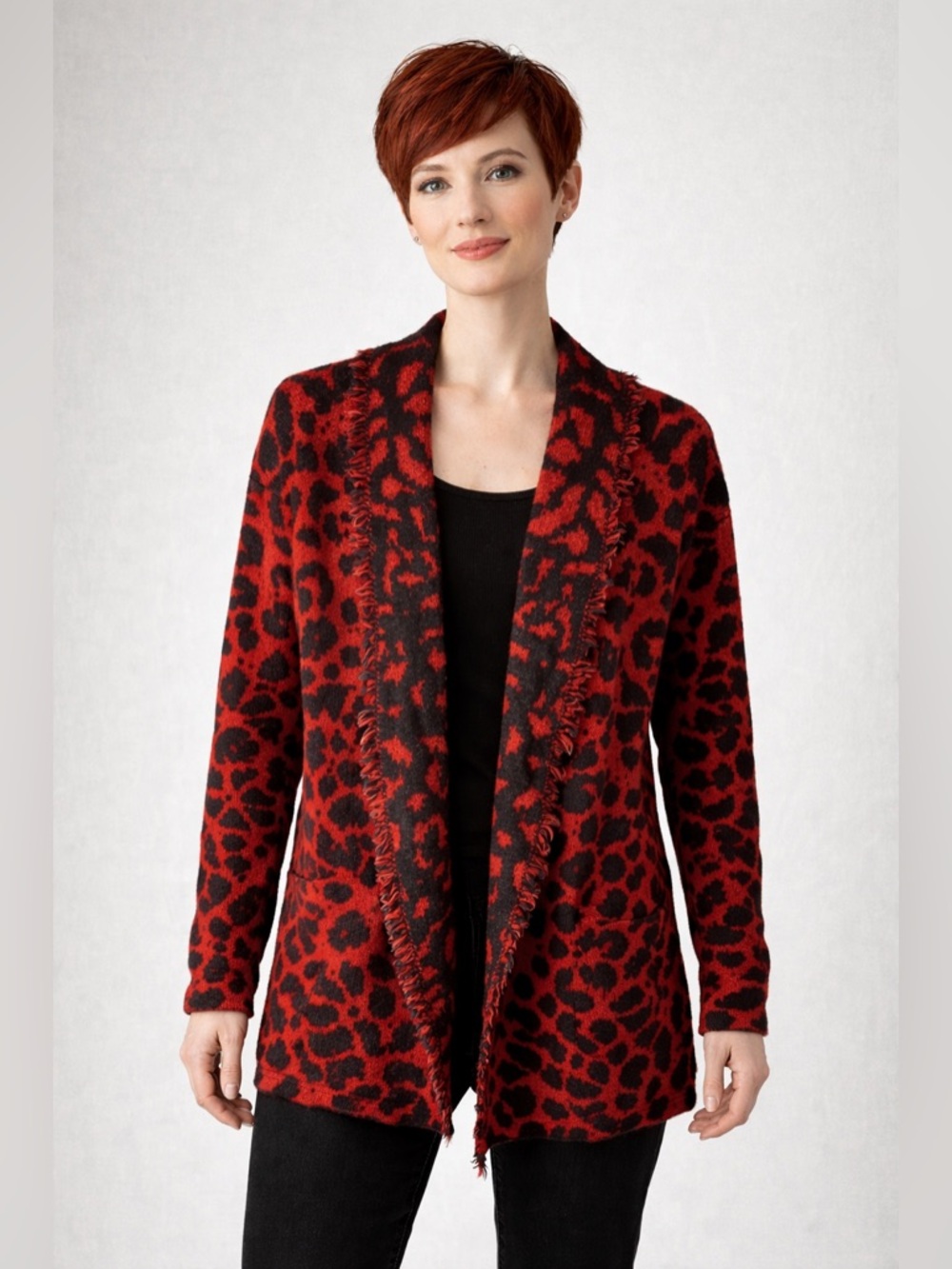 Renuar Black and Red Knit Open Cardigan